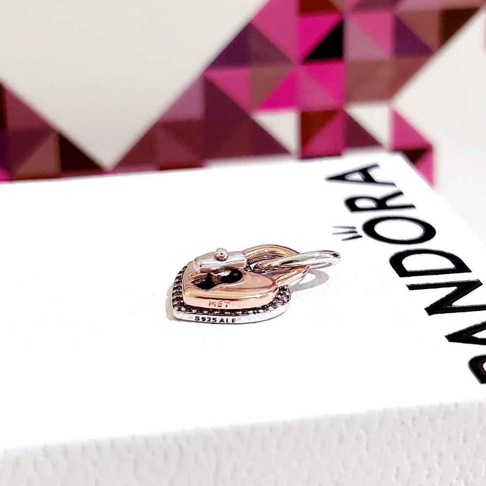 PANDORA Two-tone Twistable Heart Padlock Double Dangle Charm w/box - Picture 8 of 11